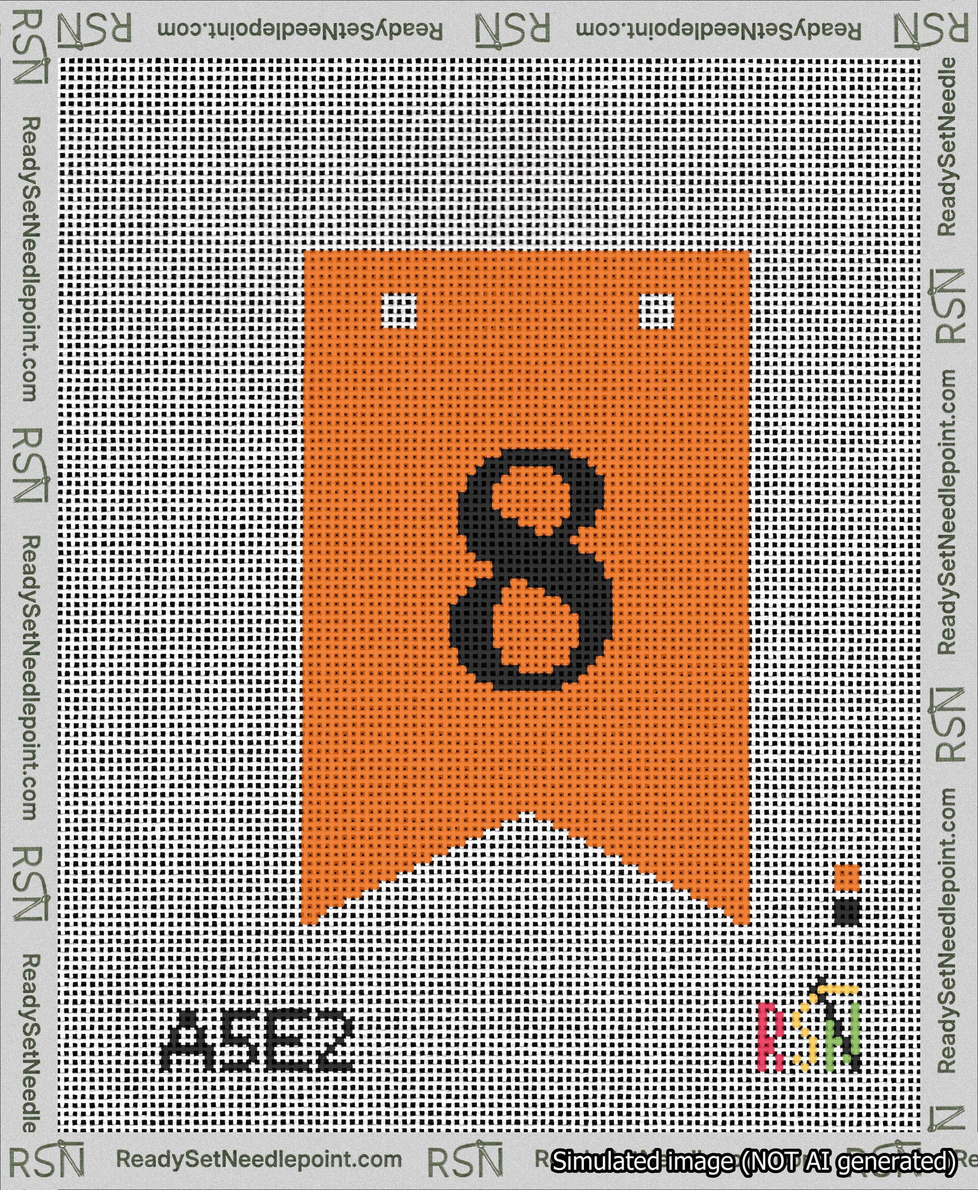 A taped needlepoint canvas with the design: Banner 13 mesh count Forked 8 Black on Orange.