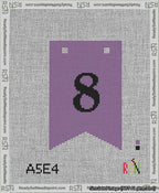 A taped needlepoint canvas with the design: Banner 13 mesh count Forked 8 Black on Purple.