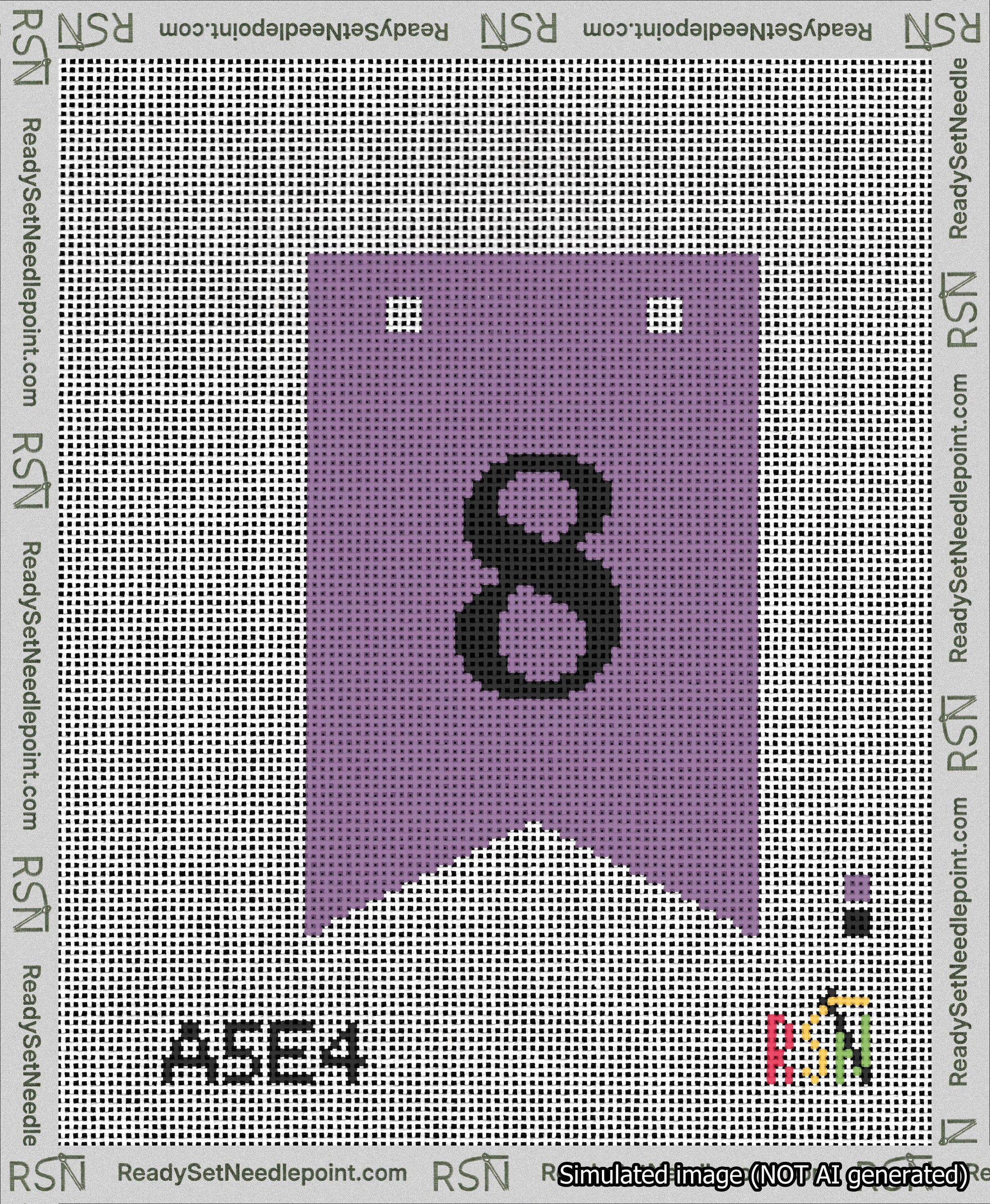 A taped needlepoint canvas with the design: Banner 13 mesh count Forked 8 Black on Purple.