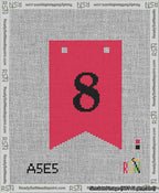 A taped needlepoint canvas with the design: Banner 13 mesh count Forked 8 Black on Red.
