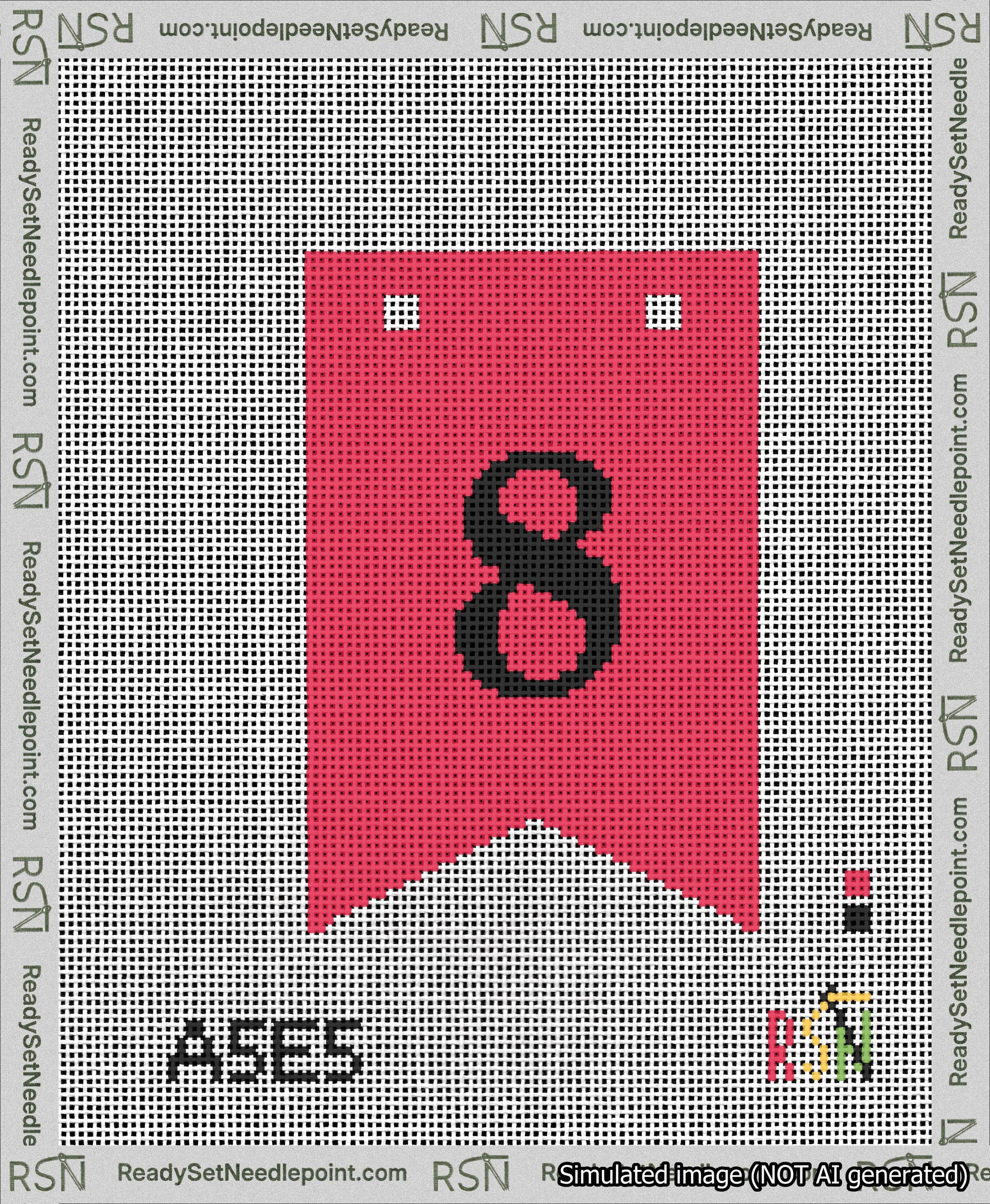 A taped needlepoint canvas with the design: Banner 13 mesh count Forked 8 Black on Red.