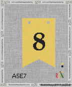 A taped needlepoint canvas with the design: Banner 13 mesh count Forked 8 Black on Yellow.
