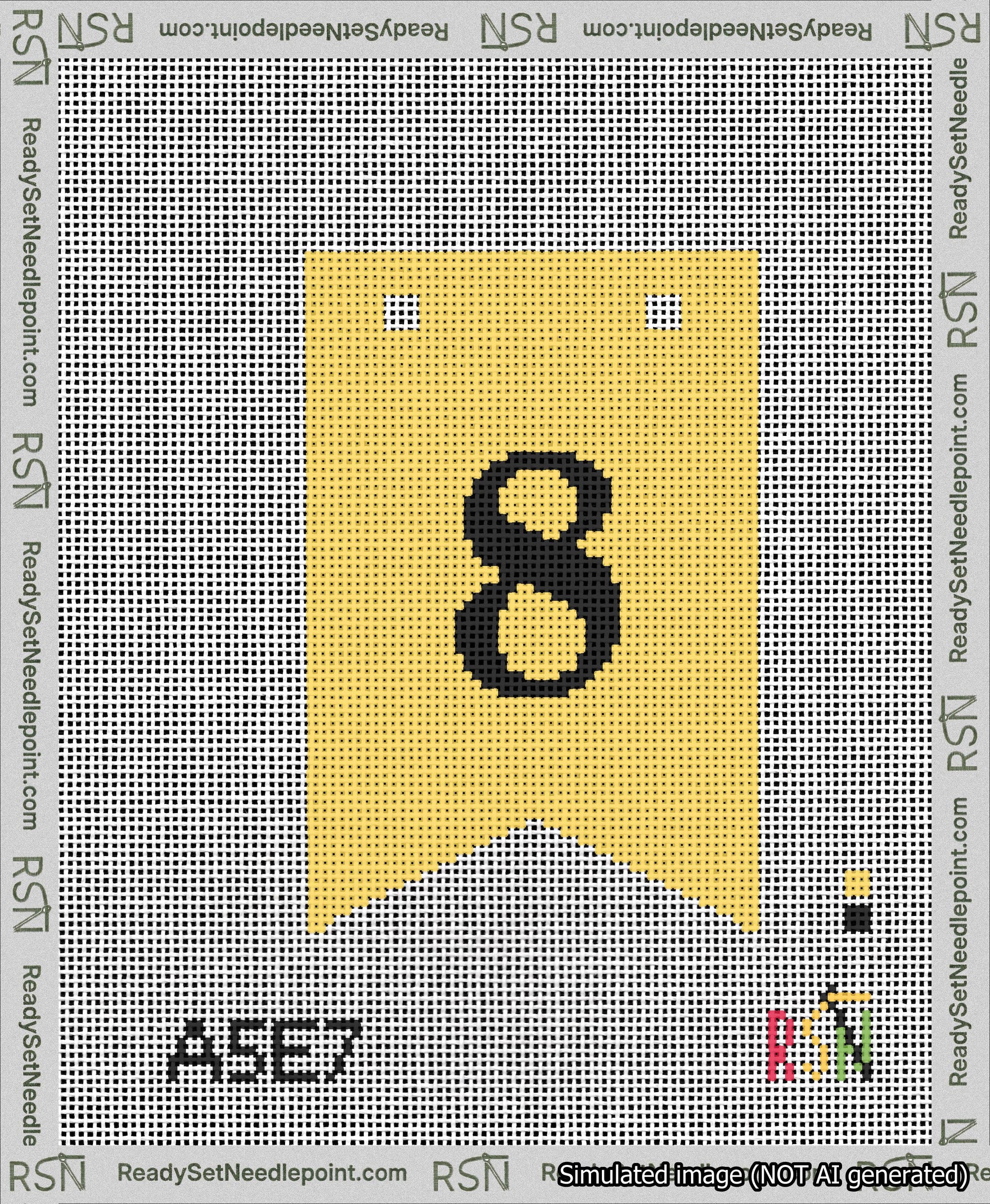 A taped needlepoint canvas with the design: Banner 13 mesh count Forked 8 Black on Yellow.
