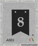 A taped needlepoint canvas with the design: Banner 13 mesh count Forked 8 White on Black.