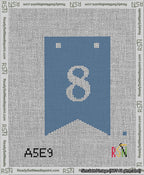 A taped needlepoint canvas with the design: Banner 13 mesh count Forked 8 White on Blue.