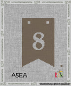 A taped needlepoint canvas with the design: Banner 13 mesh count Forked 8 White on Brown.