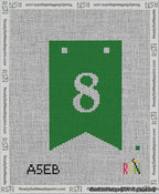 A taped needlepoint canvas with the design: Banner 13 mesh count Forked 8 White on Green.