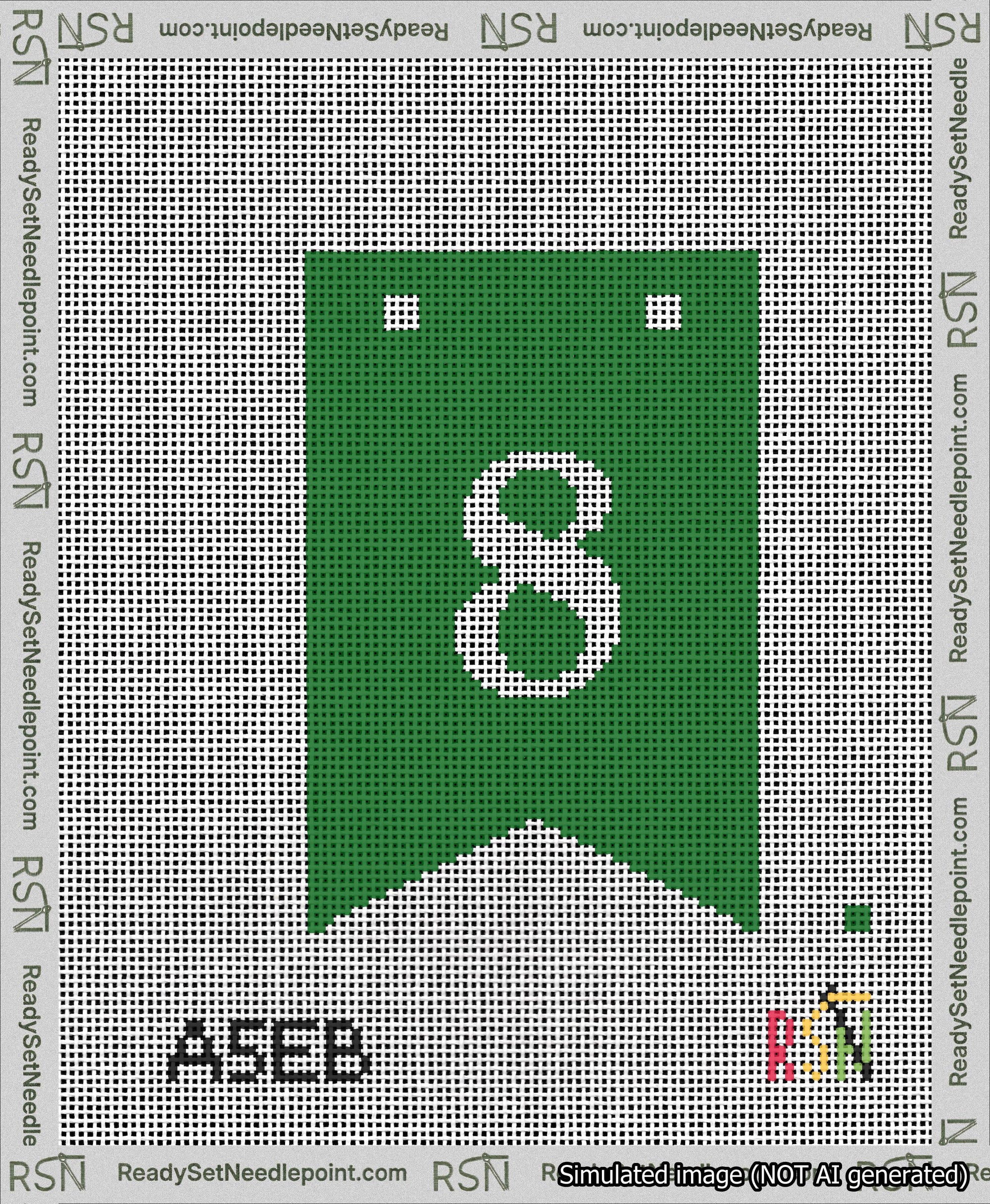 A taped needlepoint canvas with the design: Banner 13 mesh count Forked 8 White on Green.