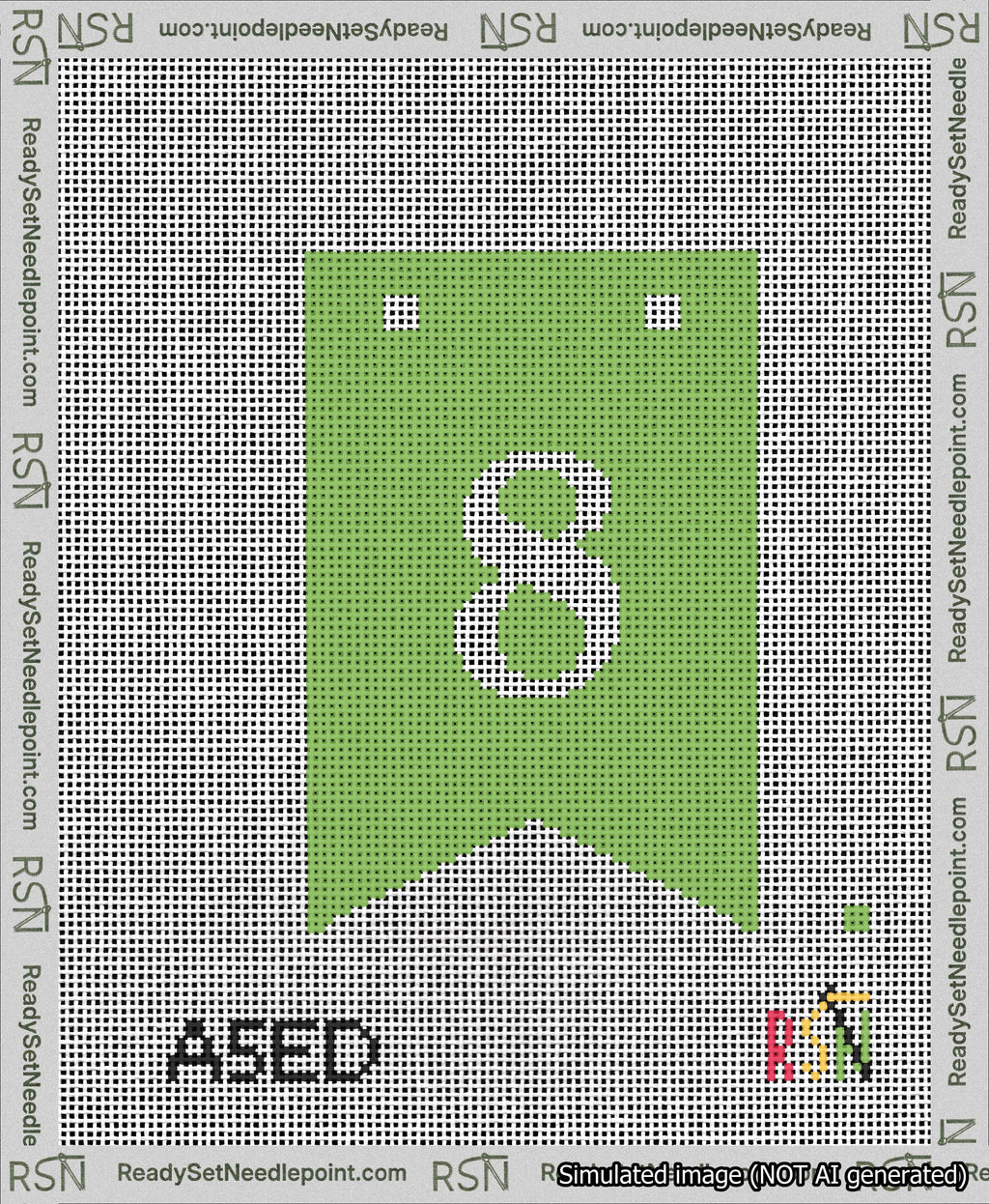 A taped needlepoint canvas with the design: Banner 13 mesh count Forked 8 White on Light Green.