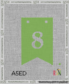 A taped needlepoint canvas with the design: Banner 13 mesh count Forked 8 White on Light Green.