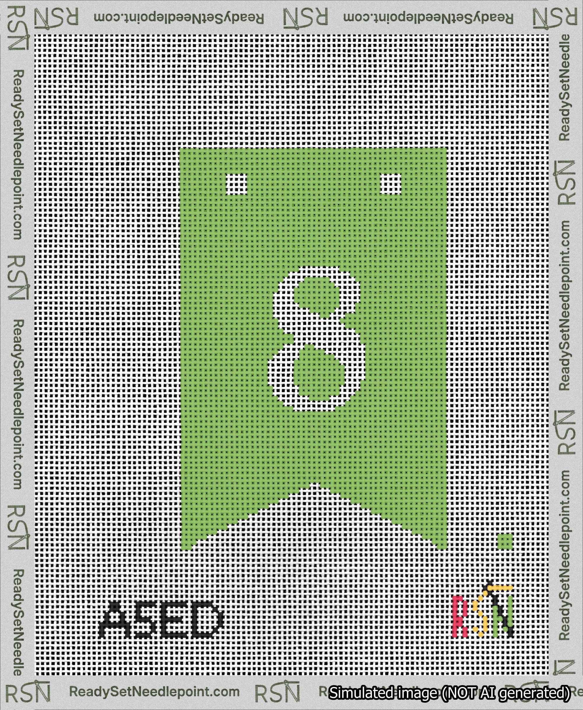 A taped needlepoint canvas with the design: Banner 13 mesh count Forked 8 White on Light Green.