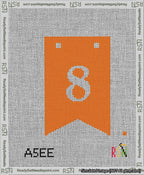 A taped needlepoint canvas with the design: Banner 13 mesh count Forked 8 White on Orange.