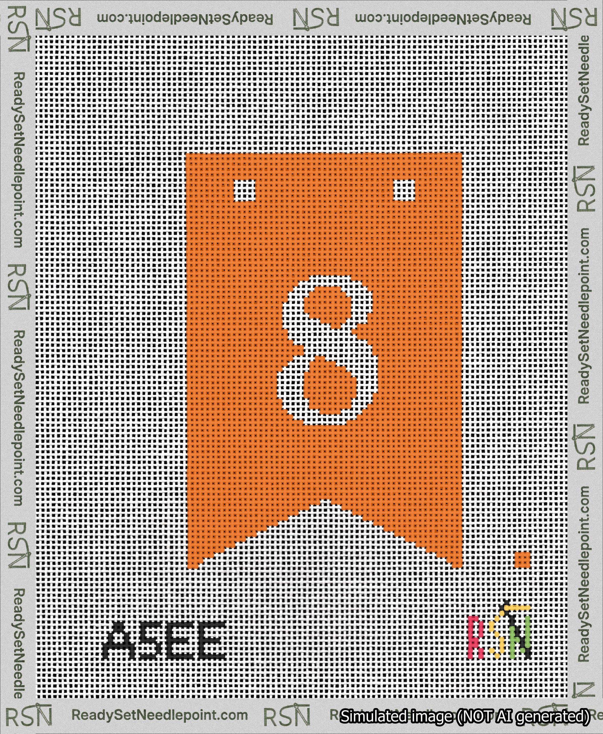 A taped needlepoint canvas with the design: Banner 13 mesh count Forked 8 White on Orange.