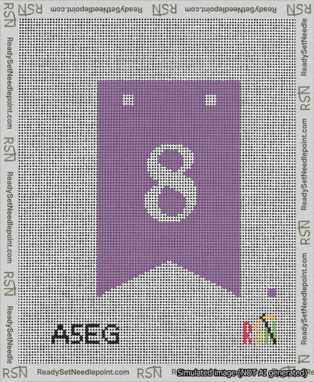 A taped needlepoint canvas with the design: Banner 13 mesh count Forked 8 White on Purple.