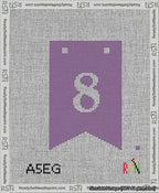 A taped needlepoint canvas with the design: Banner 13 mesh count Forked 8 White on Purple.