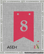 A taped needlepoint canvas with the design: Banner 13 mesh count Forked 8 White on Red.