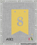 A taped needlepoint canvas with the design: Banner 13 mesh count Forked 8 White on Yellow.