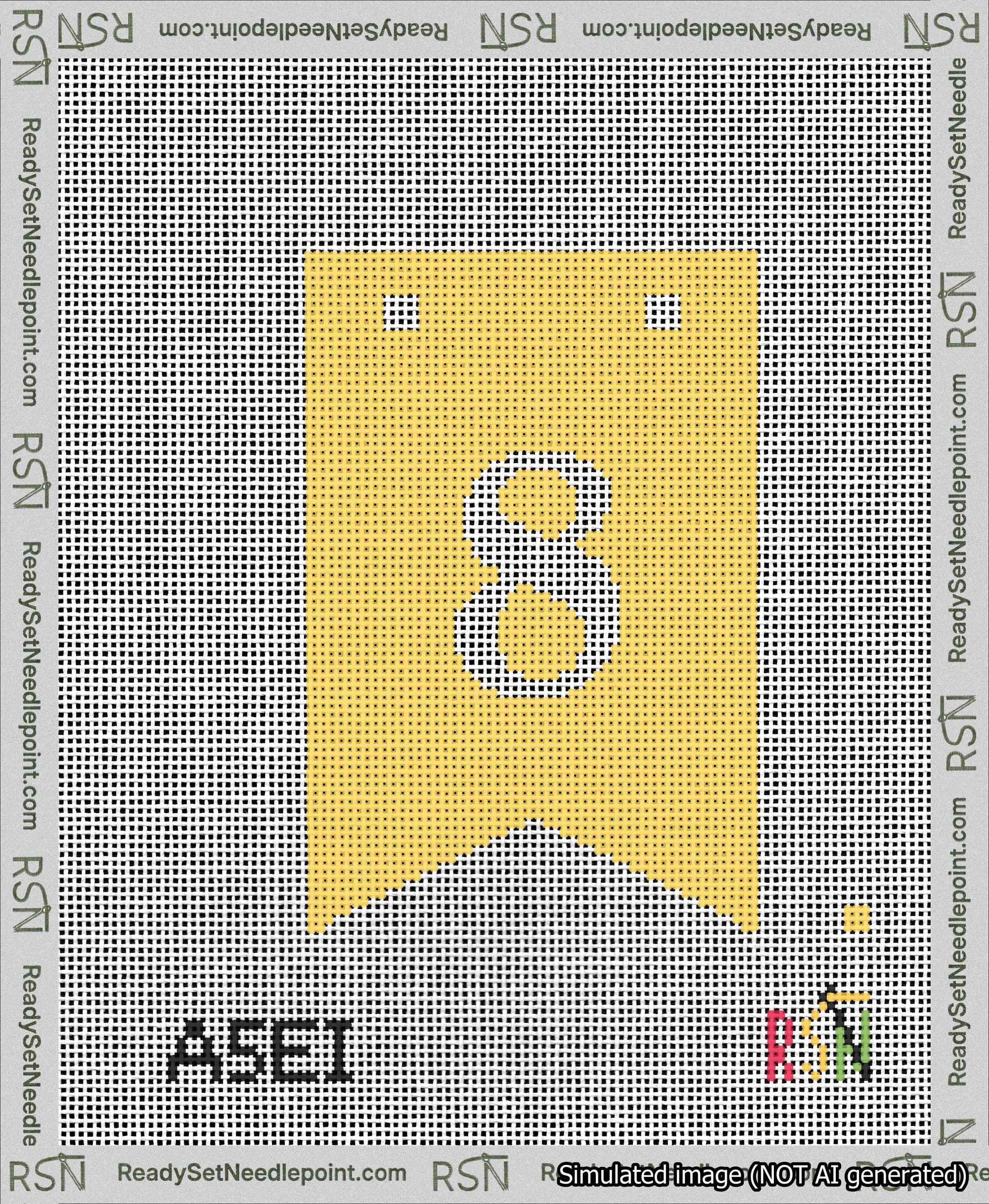 A taped needlepoint canvas with the design: Banner 13 mesh count Forked 8 White on Yellow.