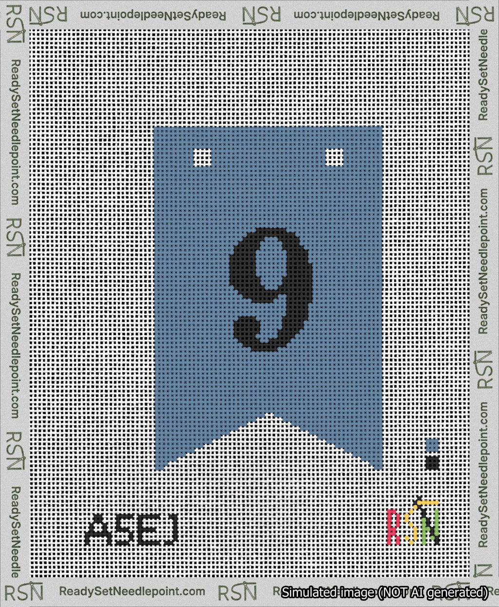 A taped needlepoint canvas with the design: Banner 13 mesh count Forked 9 Black on Blue.
