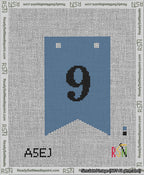 A taped needlepoint canvas with the design: Banner 13 mesh count Forked 9 Black on Blue.