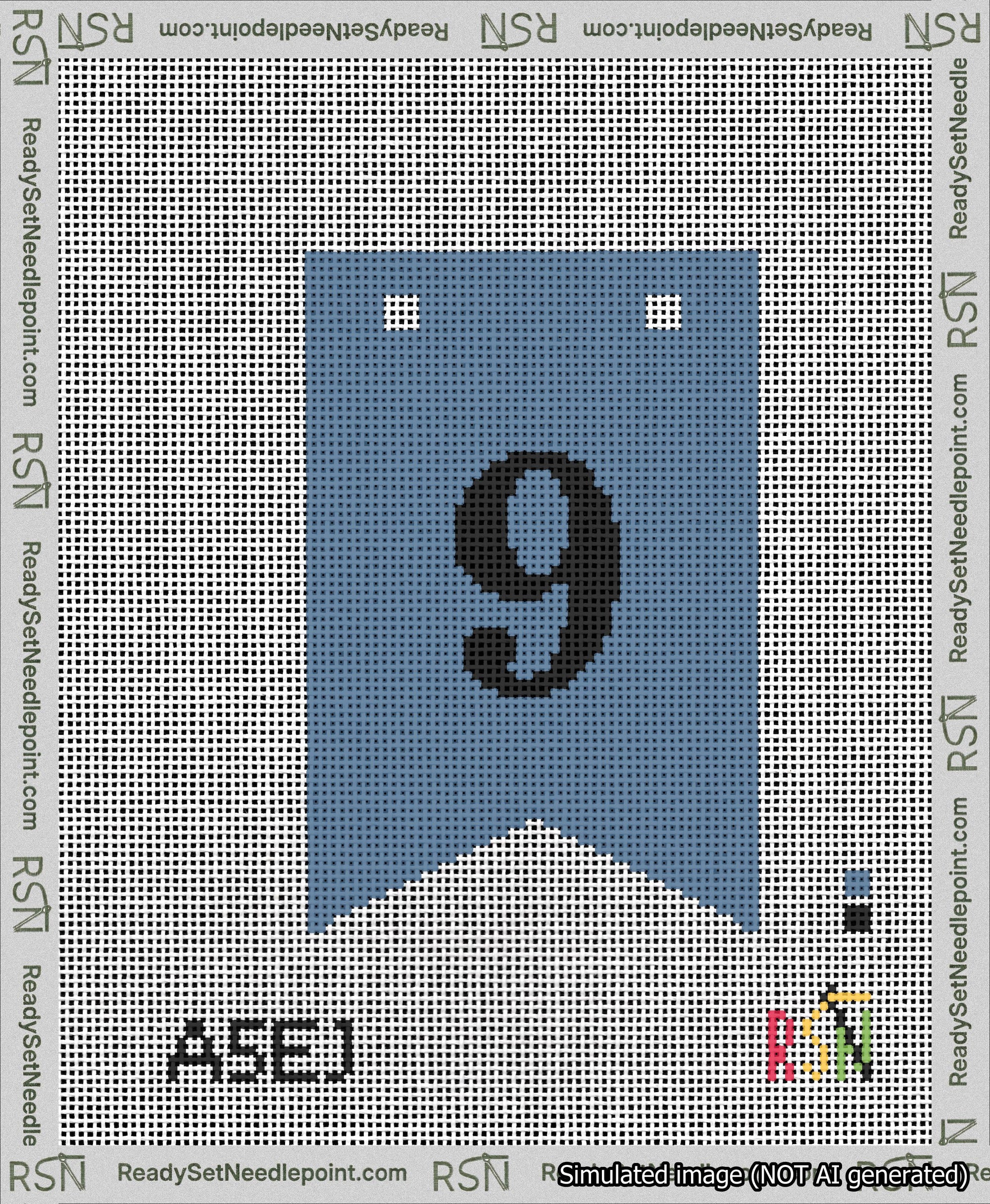 A taped needlepoint canvas with the design: Banner 13 mesh count Forked 9 Black on Blue.