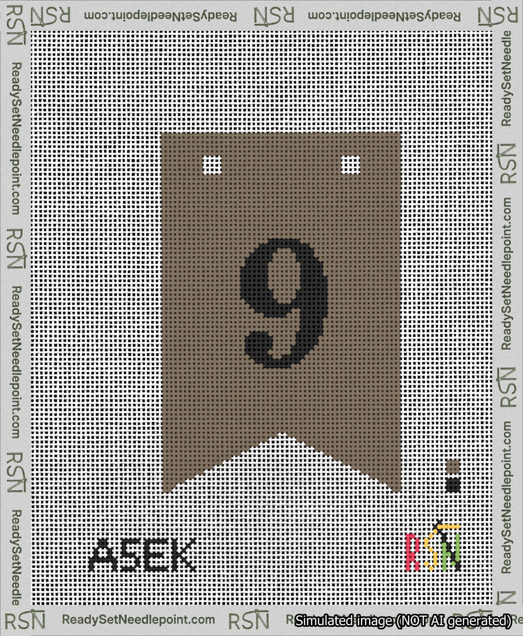 A taped needlepoint canvas with the design: Banner 13 mesh count Forked 9 Black on Brown.