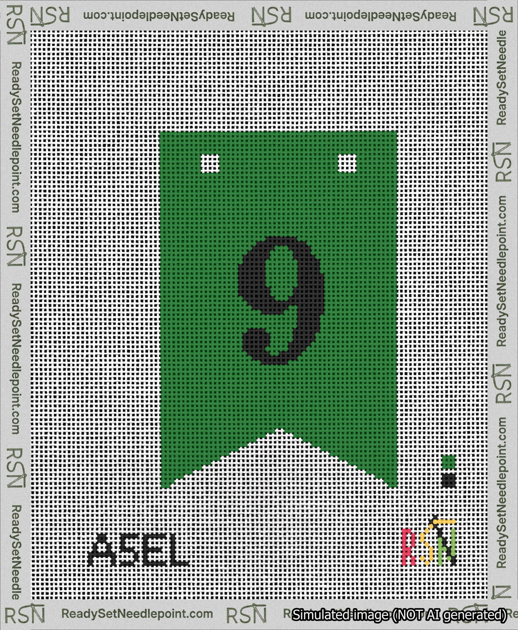 A taped needlepoint canvas with the design: Banner 13 mesh count Forked 9 Black on Green.
