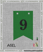 A taped needlepoint canvas with the design: Banner 13 mesh count Forked 9 Black on Green.