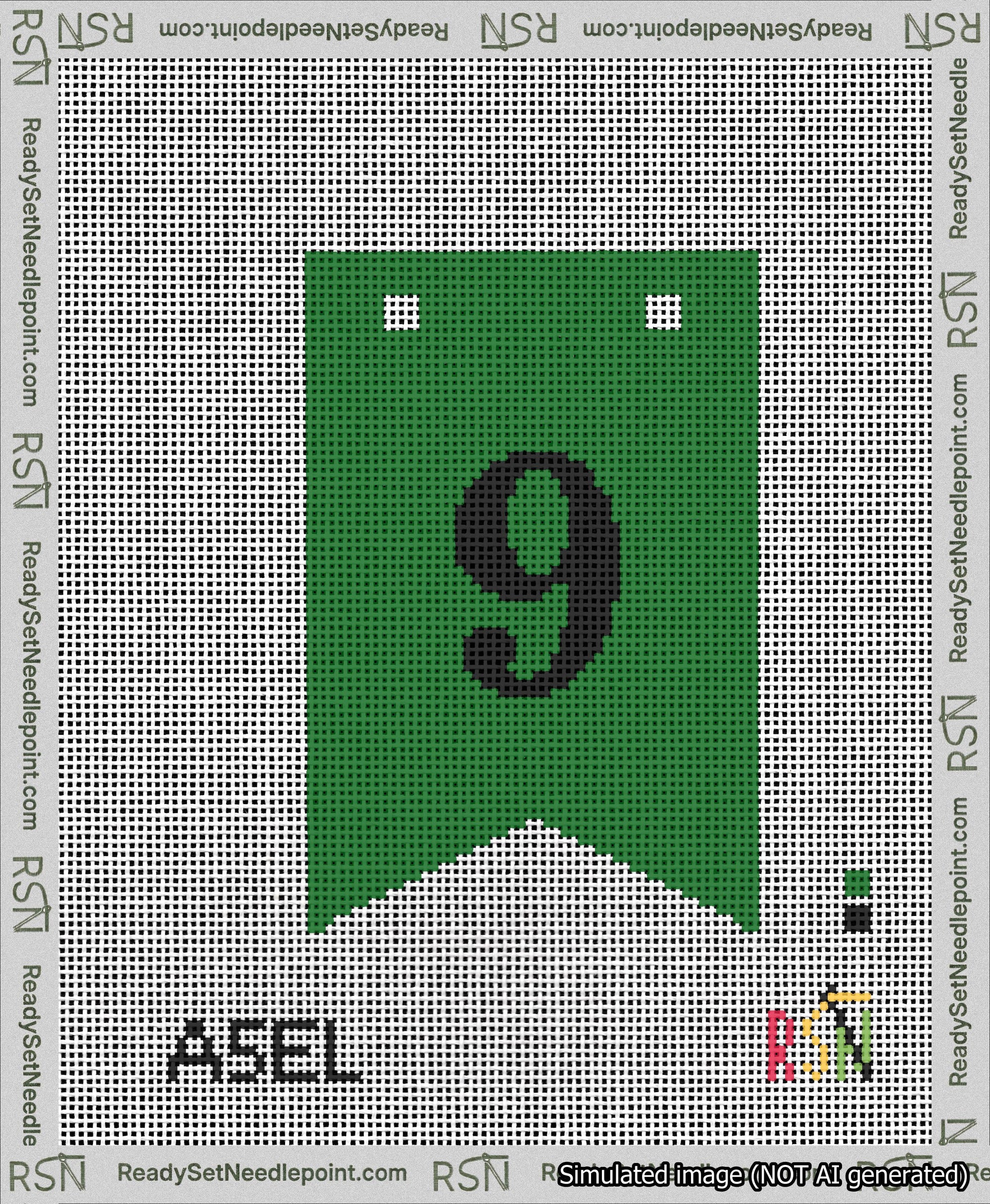 A taped needlepoint canvas with the design: Banner 13 mesh count Forked 9 Black on Green.