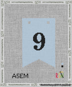 A taped needlepoint canvas with the design: Banner 13 mesh count Forked 9 Black on Light Blue.