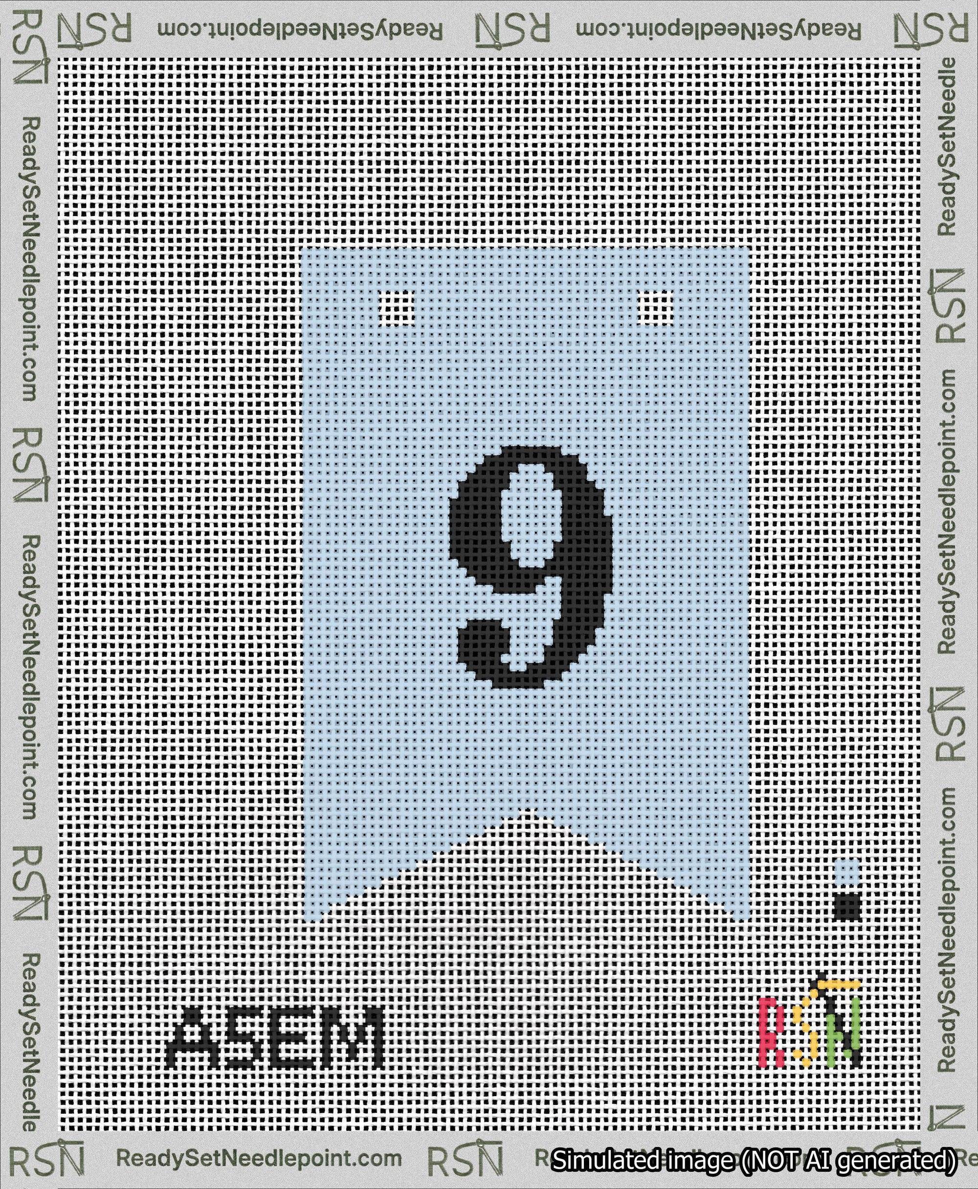 A taped needlepoint canvas with the design: Banner 13 mesh count Forked 9 Black on Light Blue.