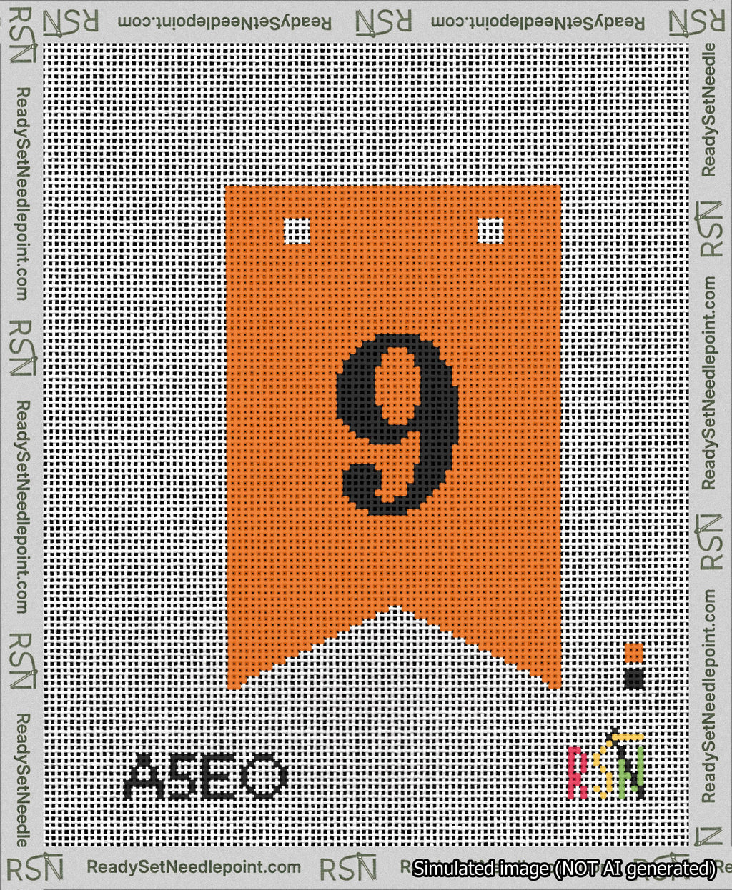 A taped needlepoint canvas with the design: Banner 13 mesh count Forked 9 Black on Orange.