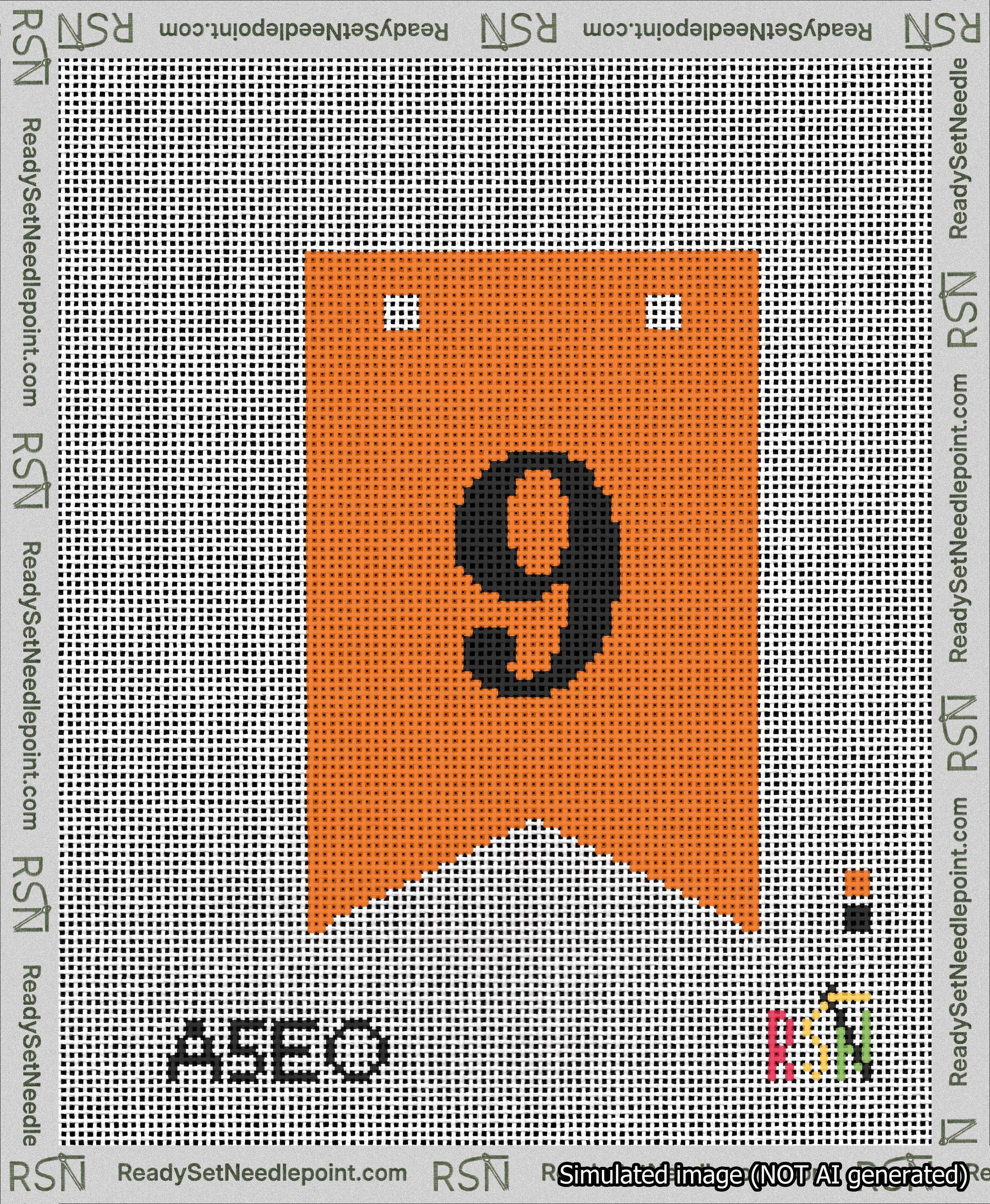 A taped needlepoint canvas with the design: Banner 13 mesh count Forked 9 Black on Orange.
