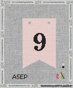 A taped needlepoint canvas with the design: Banner 13 mesh count Forked 9 Black on Pink.