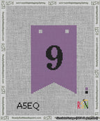 A taped needlepoint canvas with the design: Banner 13 mesh count Forked 9 Black on Purple.