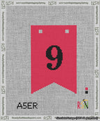 A taped needlepoint canvas with the design: Banner 13 mesh count Forked 9 Black on Red.