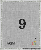 A taped needlepoint canvas with the design: Banner 13 mesh count Forked 9 Black on White.