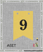 A taped needlepoint canvas with the design: Banner 13 mesh count Forked 9 Black on Yellow.