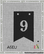 A taped needlepoint canvas with the design: Banner 13 mesh count Forked 9 White on Black.