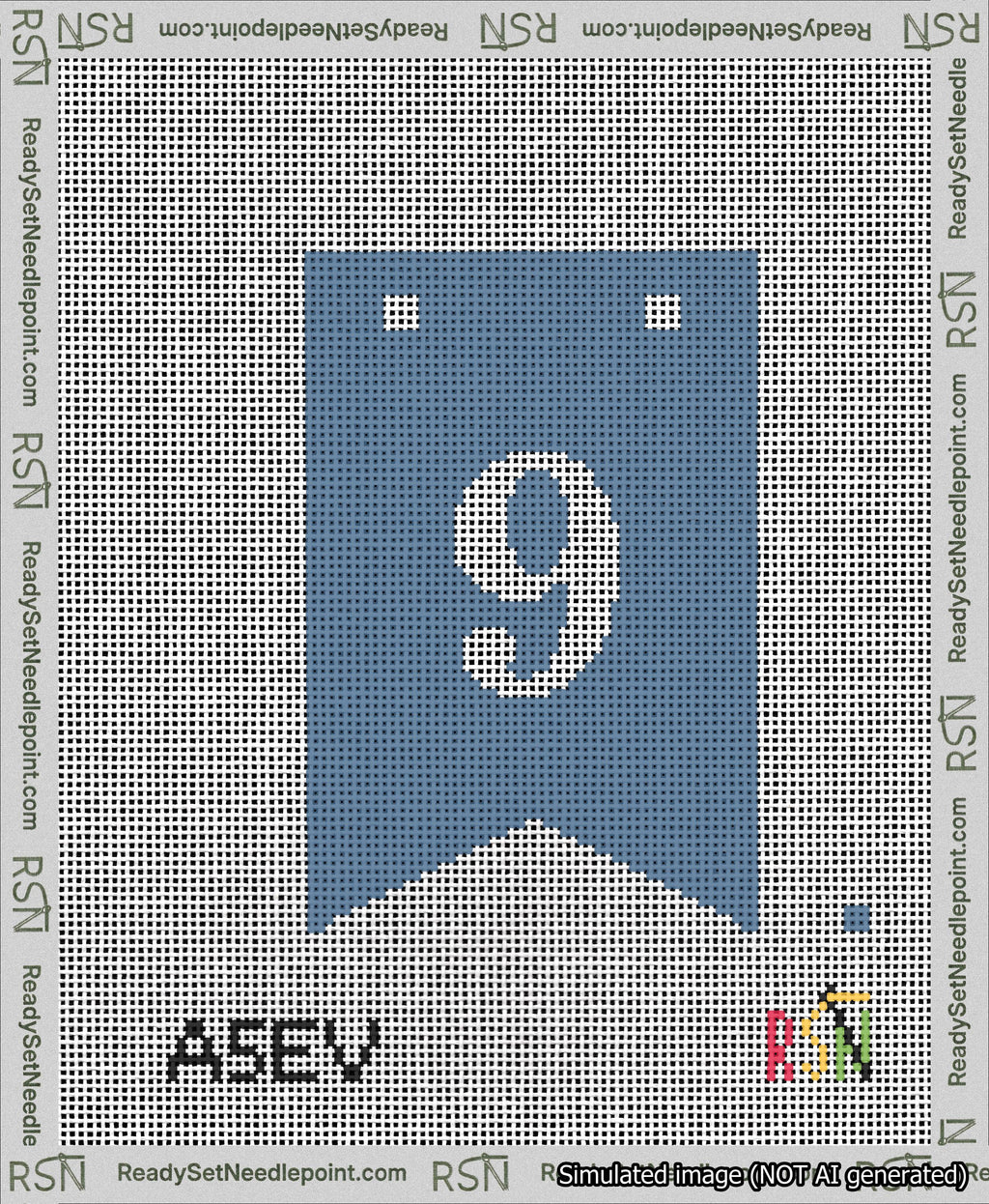 A taped needlepoint canvas with the design: Banner 13 mesh count Forked 9 White on Blue.