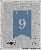 A taped needlepoint canvas with the design: Banner 13 mesh count Forked 9 White on Blue.