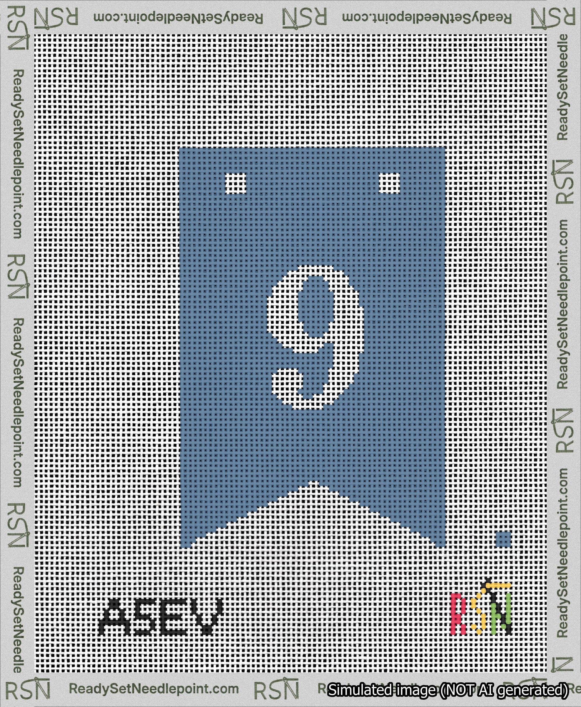 A taped needlepoint canvas with the design: Banner 13 mesh count Forked 9 White on Blue.