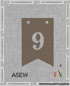 A taped needlepoint canvas with the design: Banner 13 mesh count Forked 9 White on Brown.