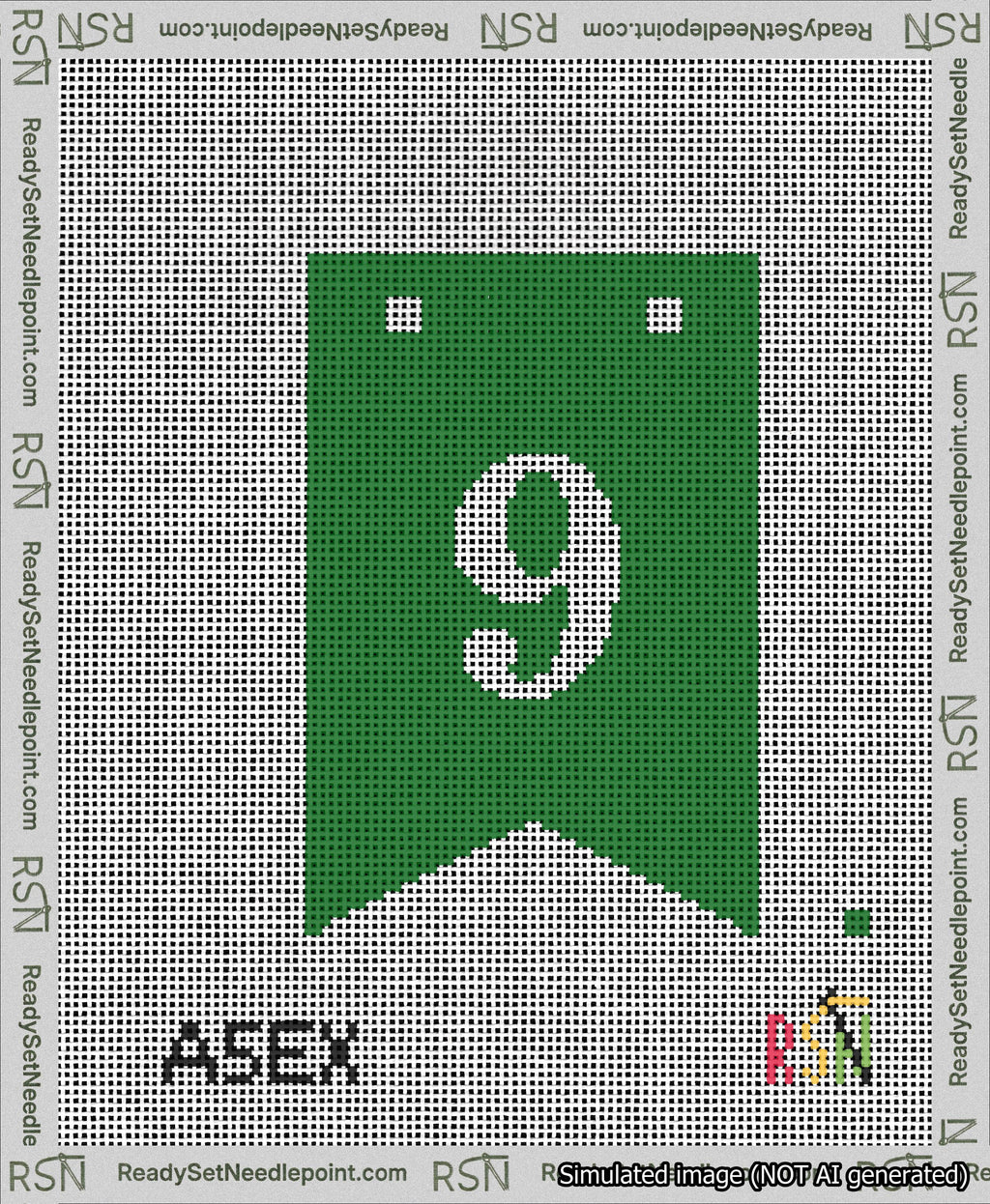 A taped needlepoint canvas with the design: Banner 13 mesh count Forked 9 White on Green.