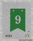 A taped needlepoint canvas with the design: Banner 13 mesh count Forked 9 White on Green.