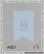 A taped needlepoint canvas with the design: Banner 13 mesh count Forked 9 White on Light Blue.