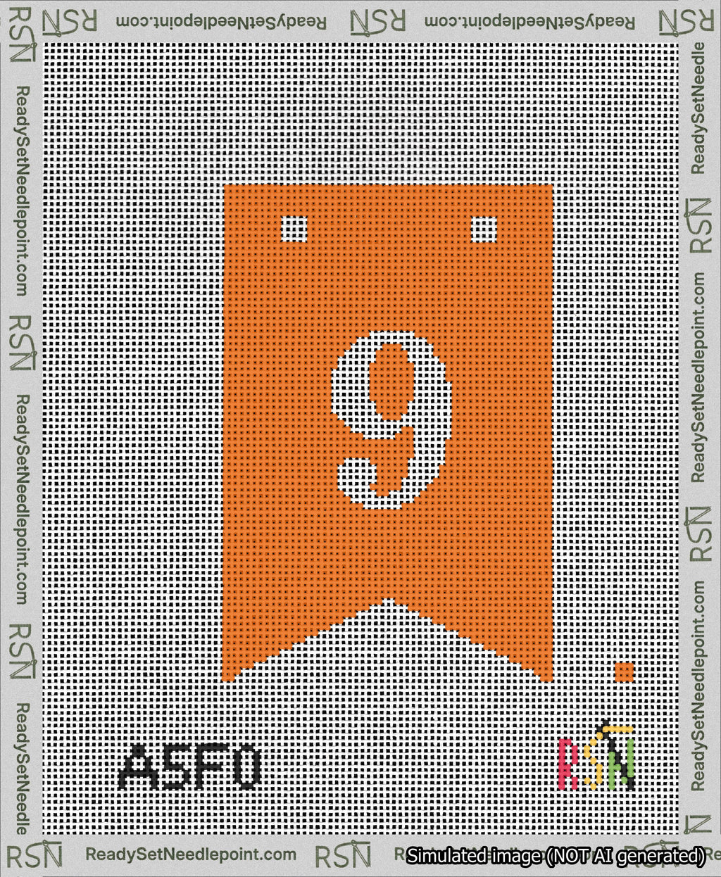 A taped needlepoint canvas with the design: Banner 13 mesh count Forked 9 White on Orange.