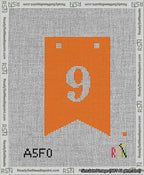 A taped needlepoint canvas with the design: Banner 13 mesh count Forked 9 White on Orange.