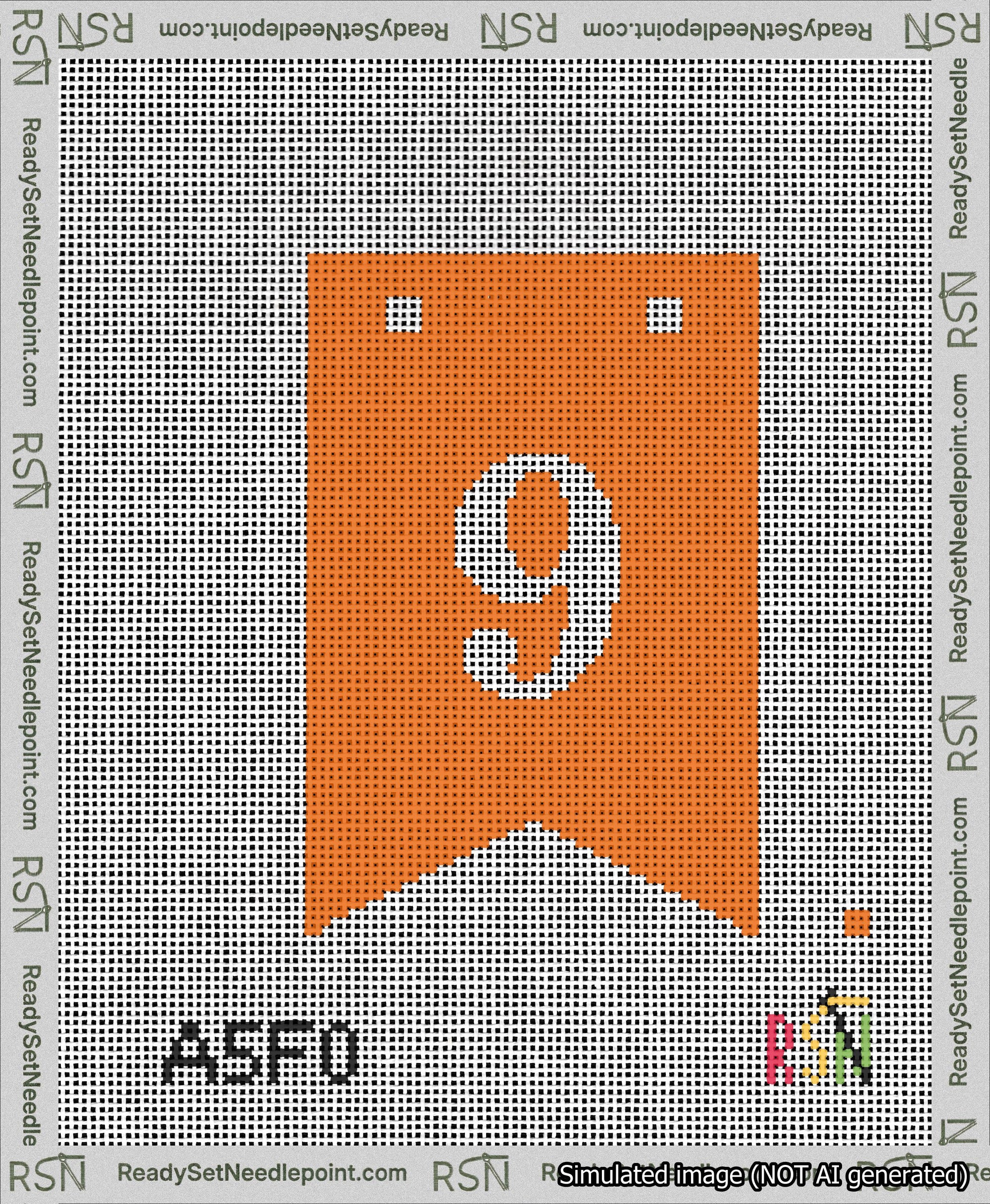 A taped needlepoint canvas with the design: Banner 13 mesh count Forked 9 White on Orange.