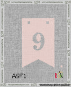 A taped needlepoint canvas with the design: Banner 13 mesh count Forked 9 White on Pink.